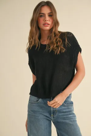 anti static coating Durable Overlock Stitch Maggie Cap Sleeve Sweater in Black