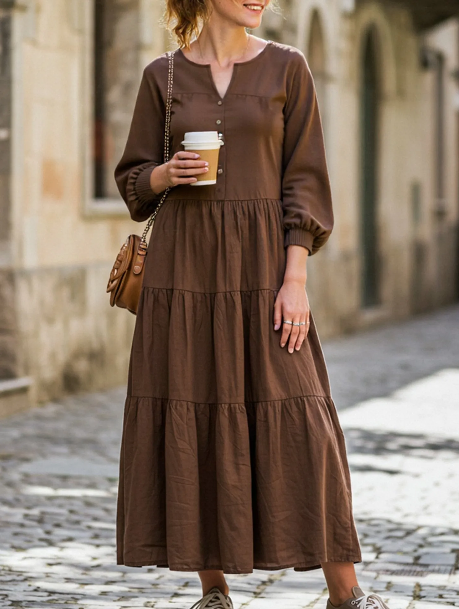 Sheer Layer Bow-Detail V-neck ruffled loose dress