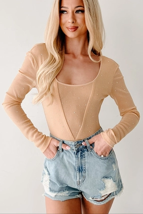 Layered Overlay Design Power Move Sparkle Over Stress Rhinestone Mesh Bodysuit (Nude)