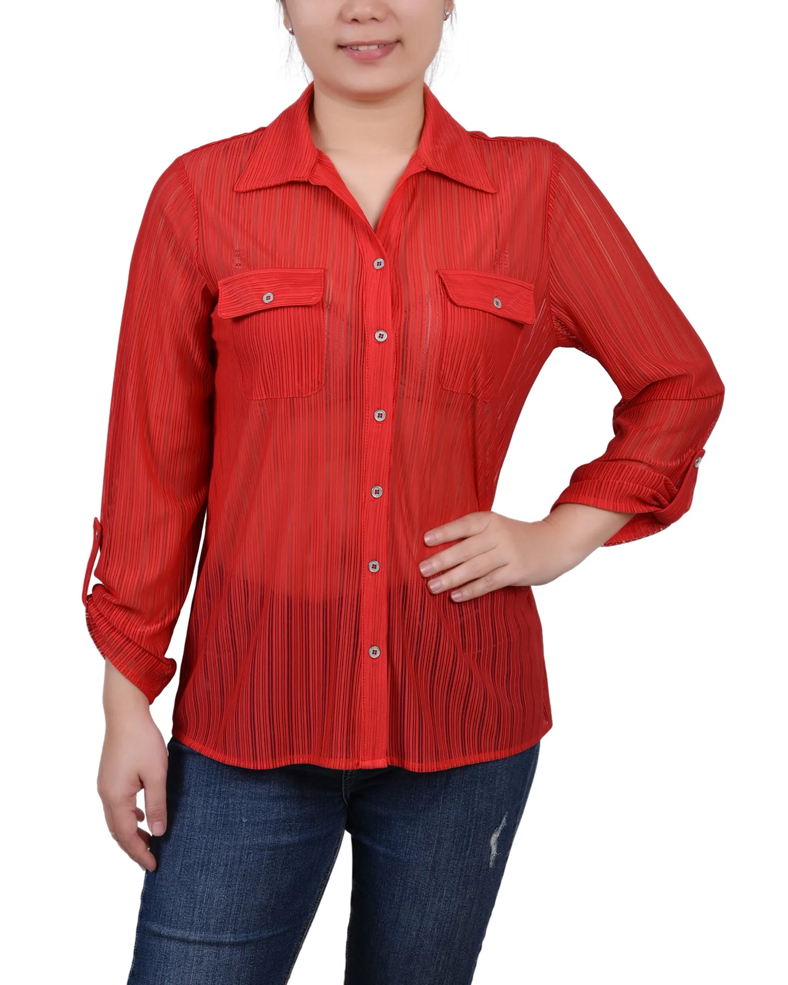 Light Deflection Fabric UVProtection Petite Long Roll Tab Sleeve Burnout Knit Top