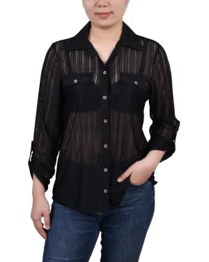Petite Long Roll Tab Sleeve Burnout Knit Top Double Layered Hem Reinforcement