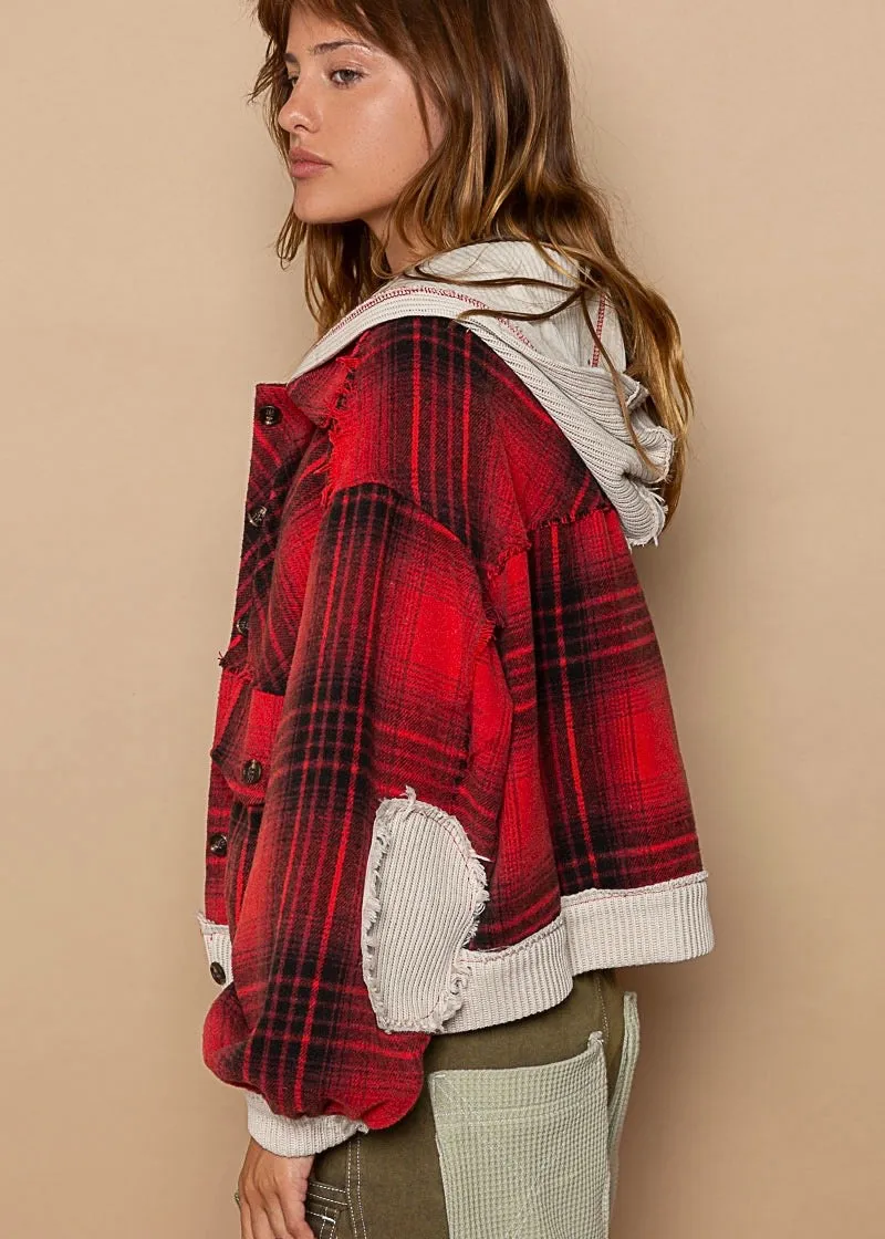 Never Plaid It So Well Cropped Shacket in Candy Apple Red
