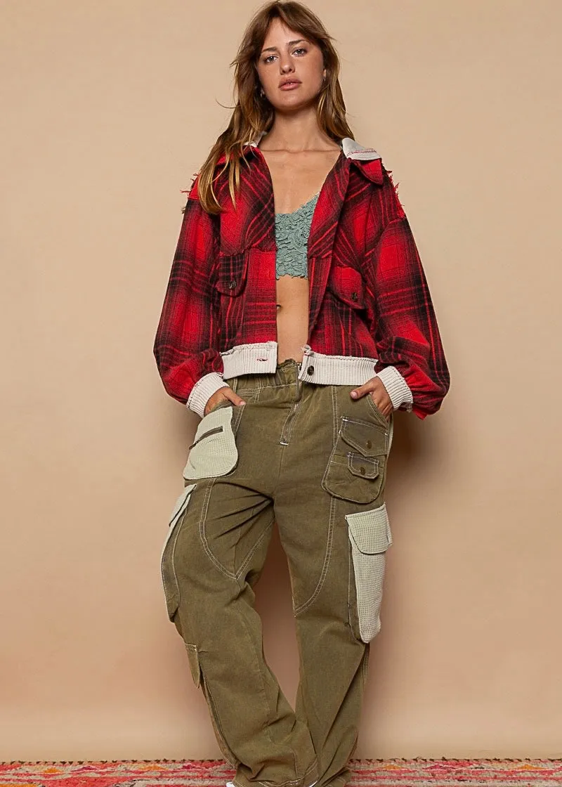 Never Plaid It So Well Cropped Shacket in Candy Apple Red