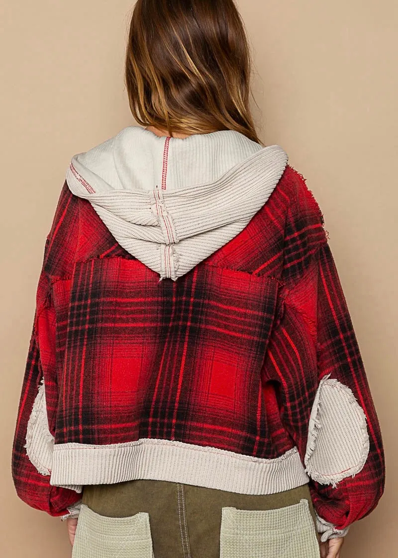 Never Plaid It So Well Cropped Shacket in Candy Apple Red