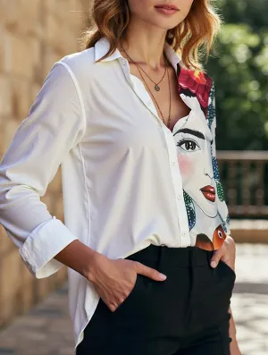 New Casual Printed Long-Sleeved Shirt OrganicCottonBlend