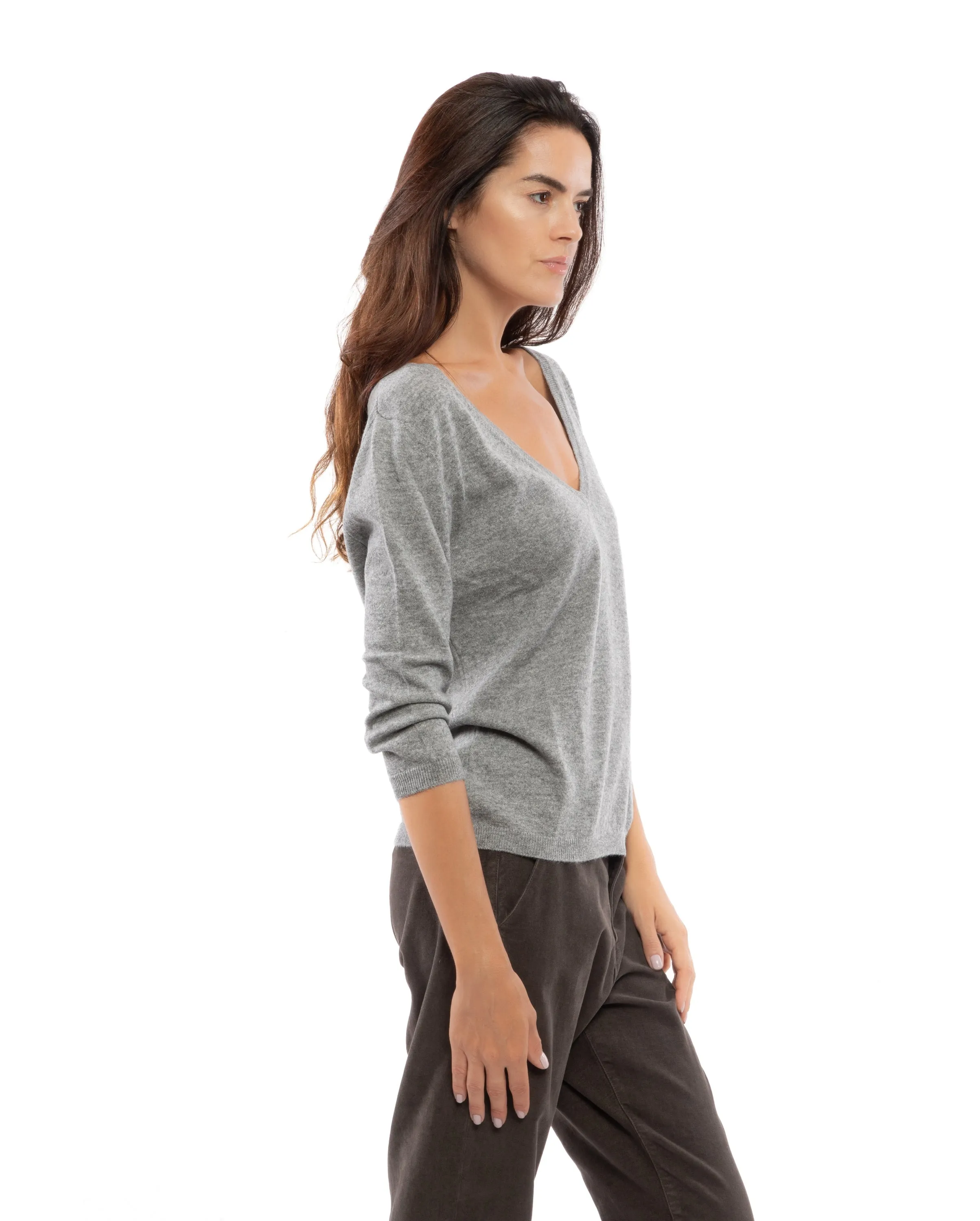 NEW FALL 24 - Women's Cashmere 3/4 Sleeve Wide V-Neck Jumper Night Blue
