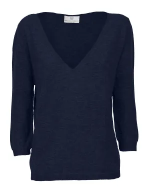 NEW FALL 24 - Women's Cashmere 3/4 Sleeve Wide V-Neck Jumper Night Blue