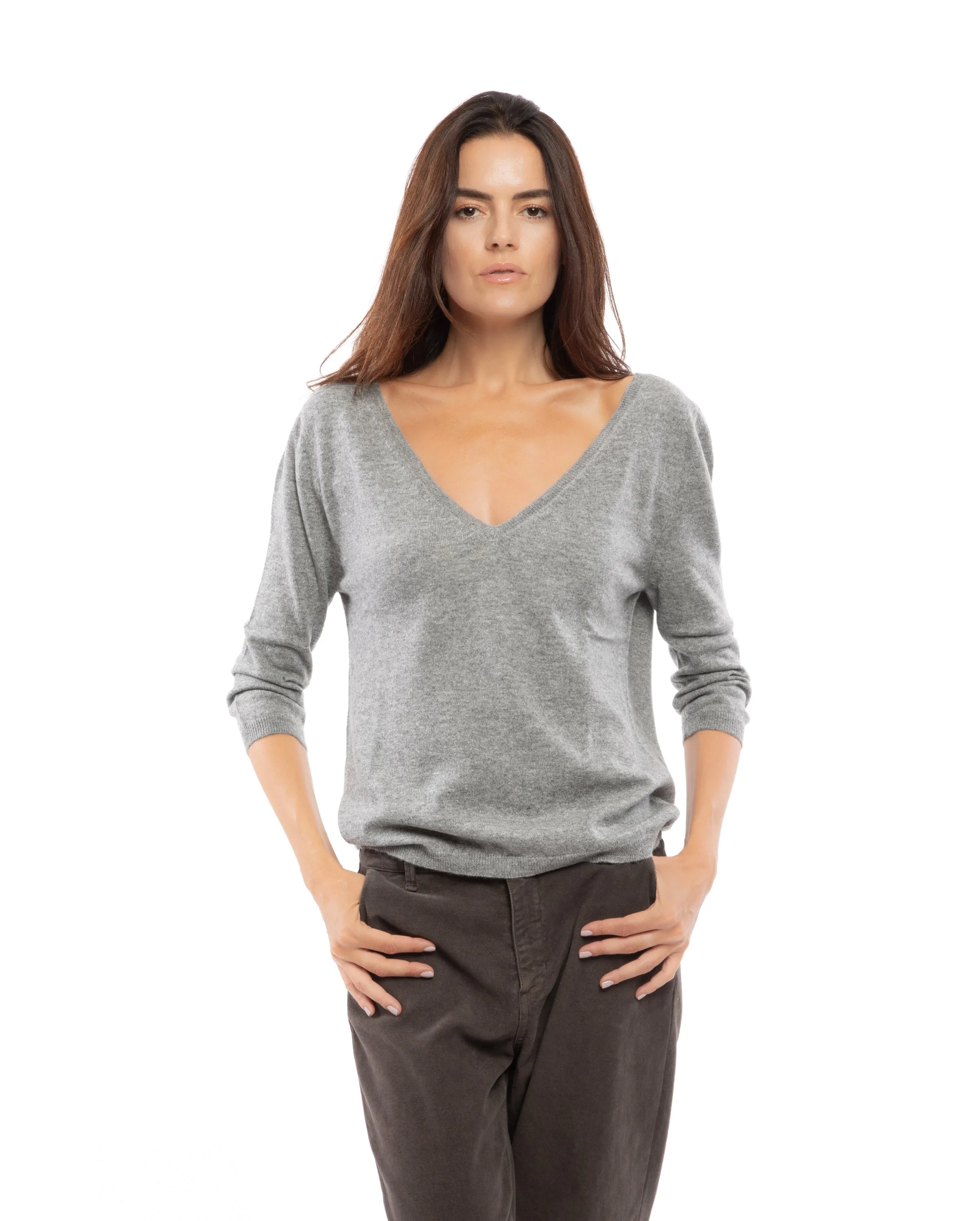 NEW FALL 24 - Women's Cashmere 3/4 Sleeve Wide V-Neck Jumper Night Blue