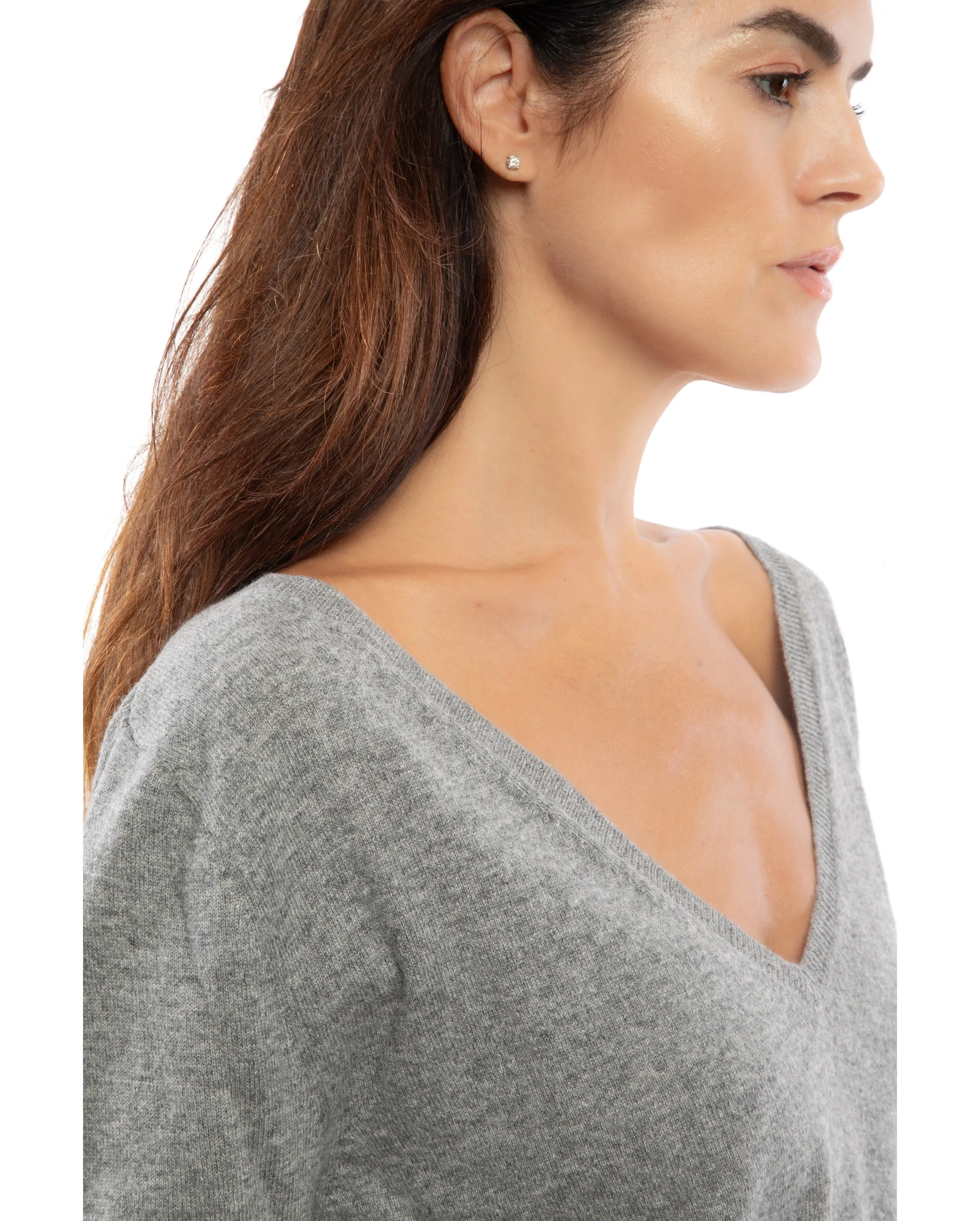 NEW FALL 24 - Women's Cashmere 3/4 Sleeve Wide V-Neck Jumper Night Blue