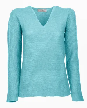 NEW FALL 24 - Women's Pure Cashmere Links Stitch V-Neck Cyan