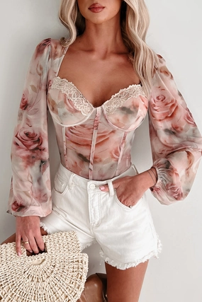 Active Movement Golden Hour Glow Mesh Sweetheart Floral Bodysuit (Cream)