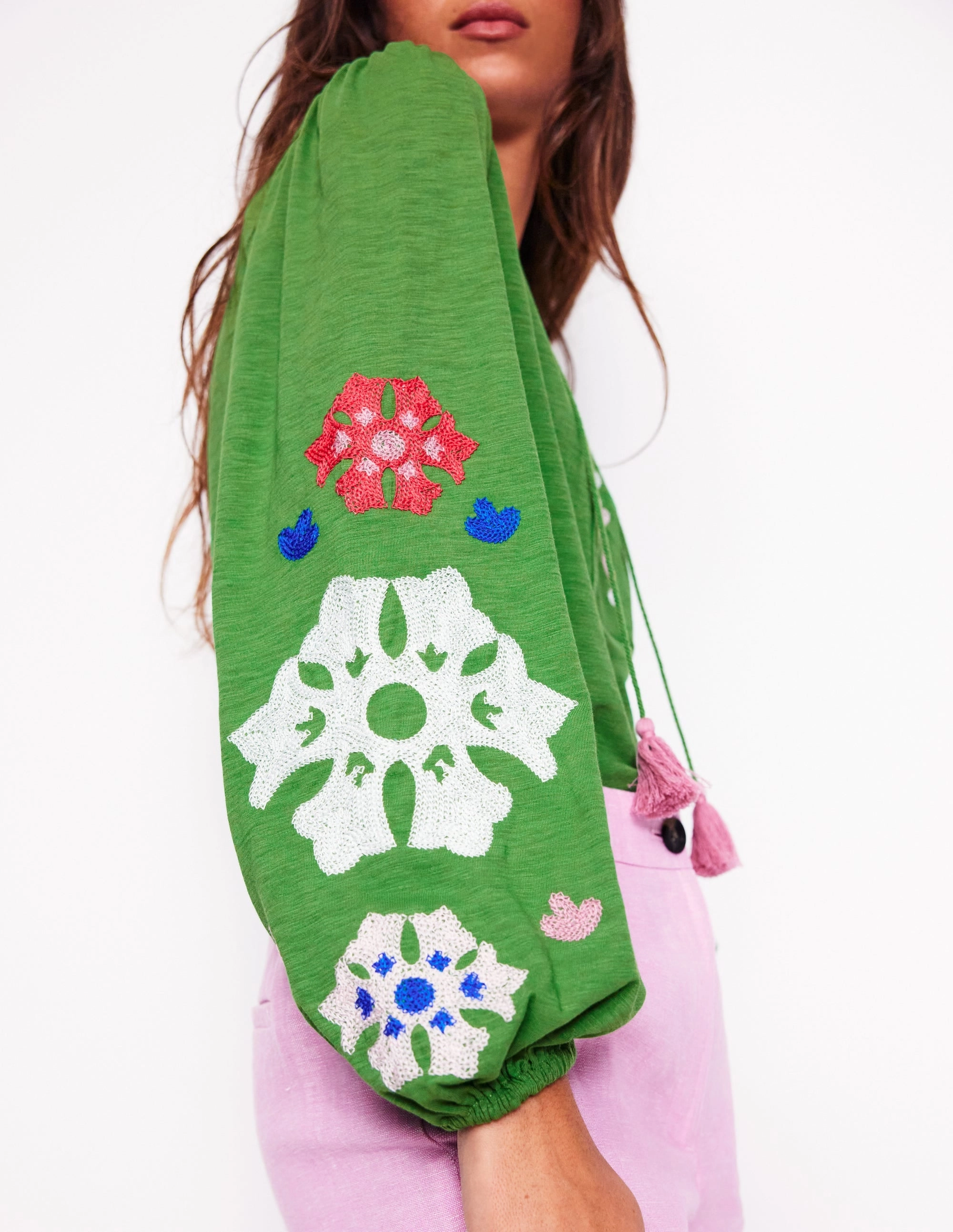 ReinforcedStitching AbrasionResistant Finish Nia Embroidered Top-Paradise Green