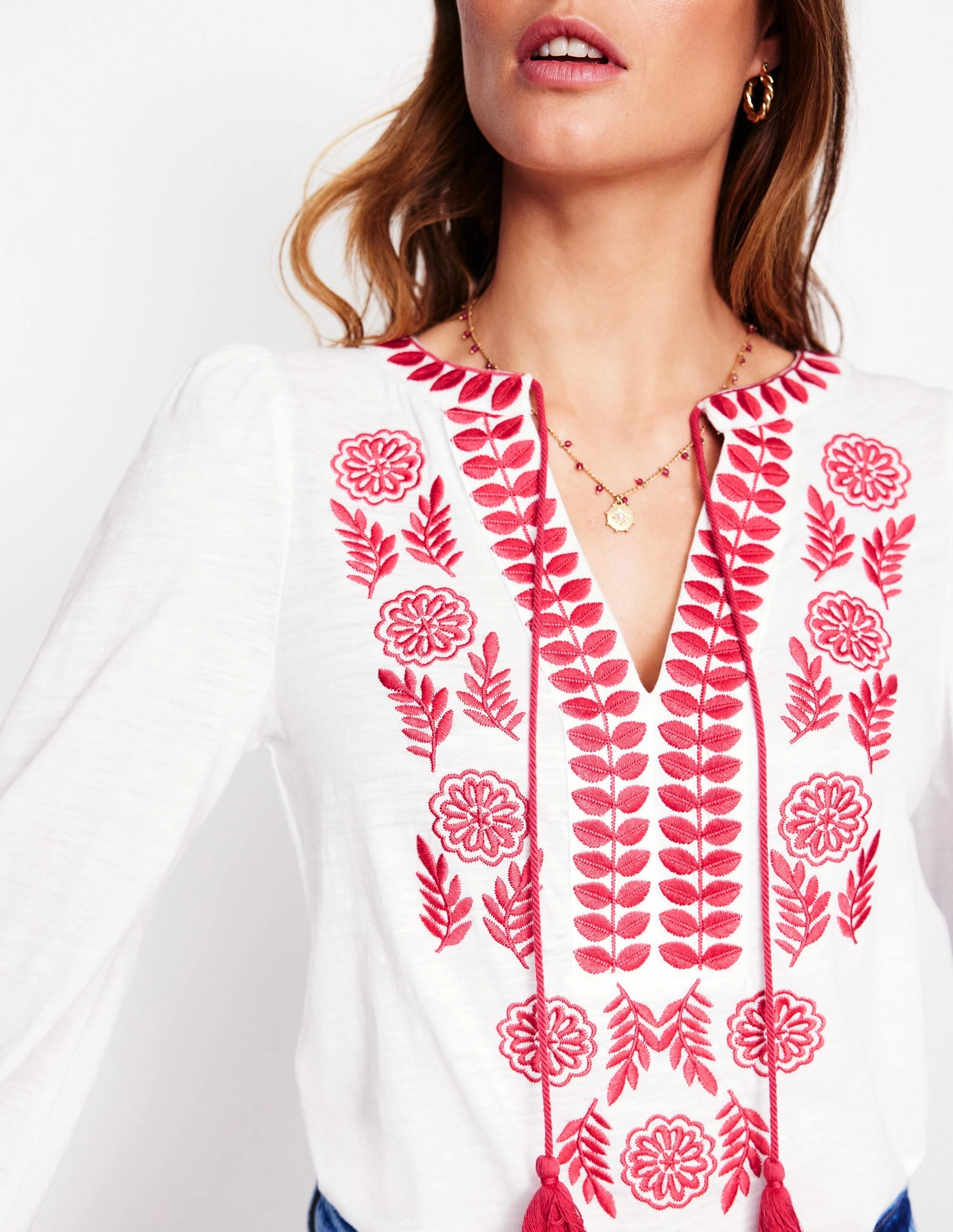 Quick Dry Performance Nia Embroidered Top-White, Berry Red