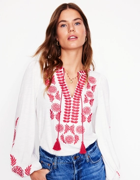Active Wear DoubleStitched Nia Embroidered Top-White, Berry Red