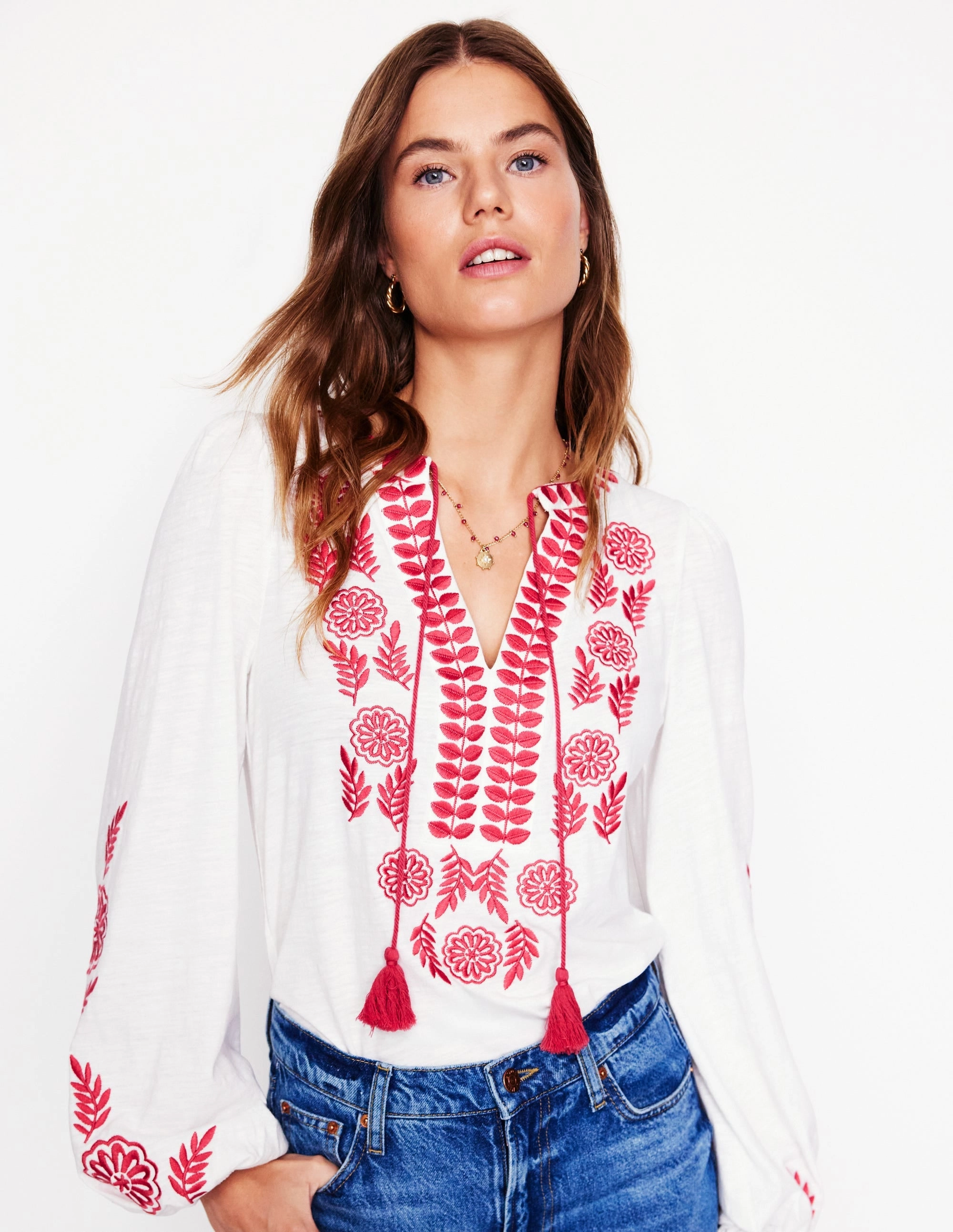 Active Wear DoubleStitched Nia Embroidered Top-White, Berry Red