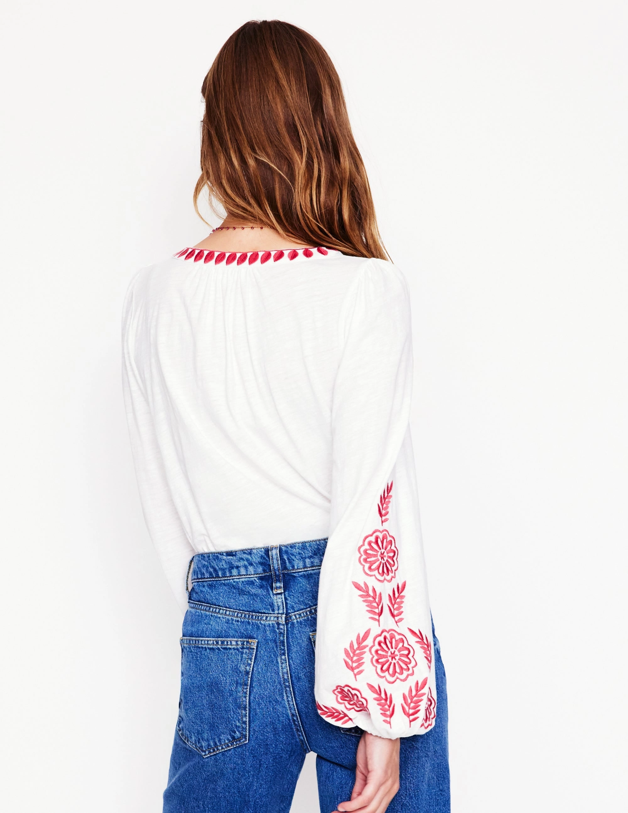 ColorfastMaterial NonFadeFinish Nia Embroidered Top-White, Berry Red