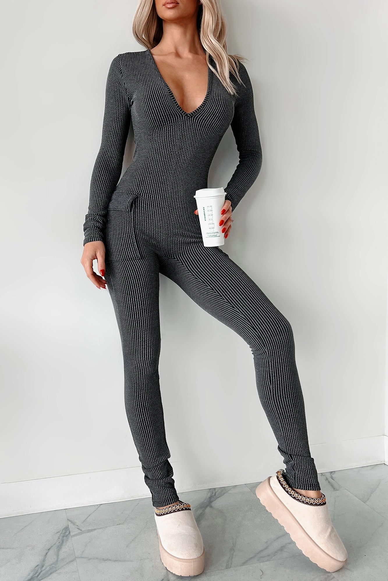 Calm Lines Beautiful Curves Ribbed Cut-Out Back Jumpsuit (Black)