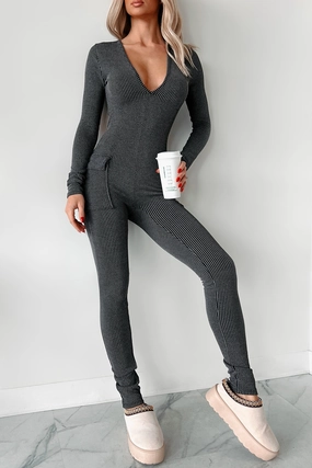 Beautiful Curves Ribbed Cut-Out Back Jumpsuit (Black) Soft Fit Wear Fall Go
