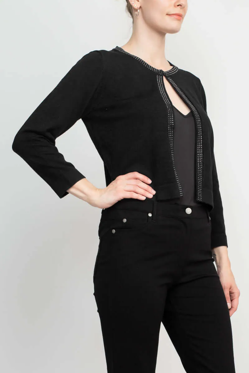 Nina Leonard Round Neck Embellished Open Front Long Sleeve Jacket