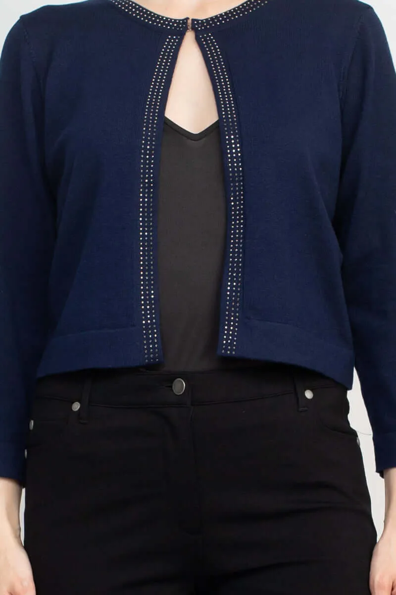 Nina Leonard Round Neck Embellished Open Front Long Sleeve Jacket