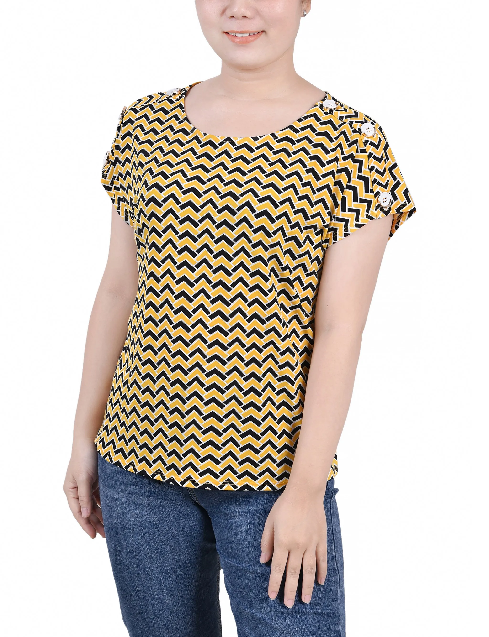 Petite Short Extended Sleeve Top Double Stitched Hems Reinforced Shoulder