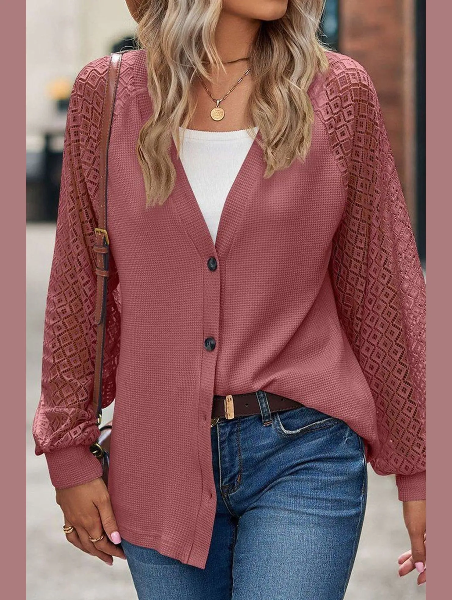 Shrinkage Prevention Treatment Lightweight Jacket WOMEN LACE TRIM SLEEVED BUTTON UP SHIRT