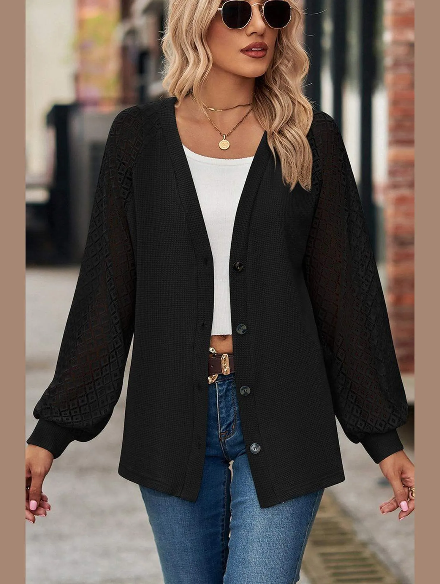 LightweightFabric WOMEN LACE TRIM SLEEVED BUTTON UP SHIRT