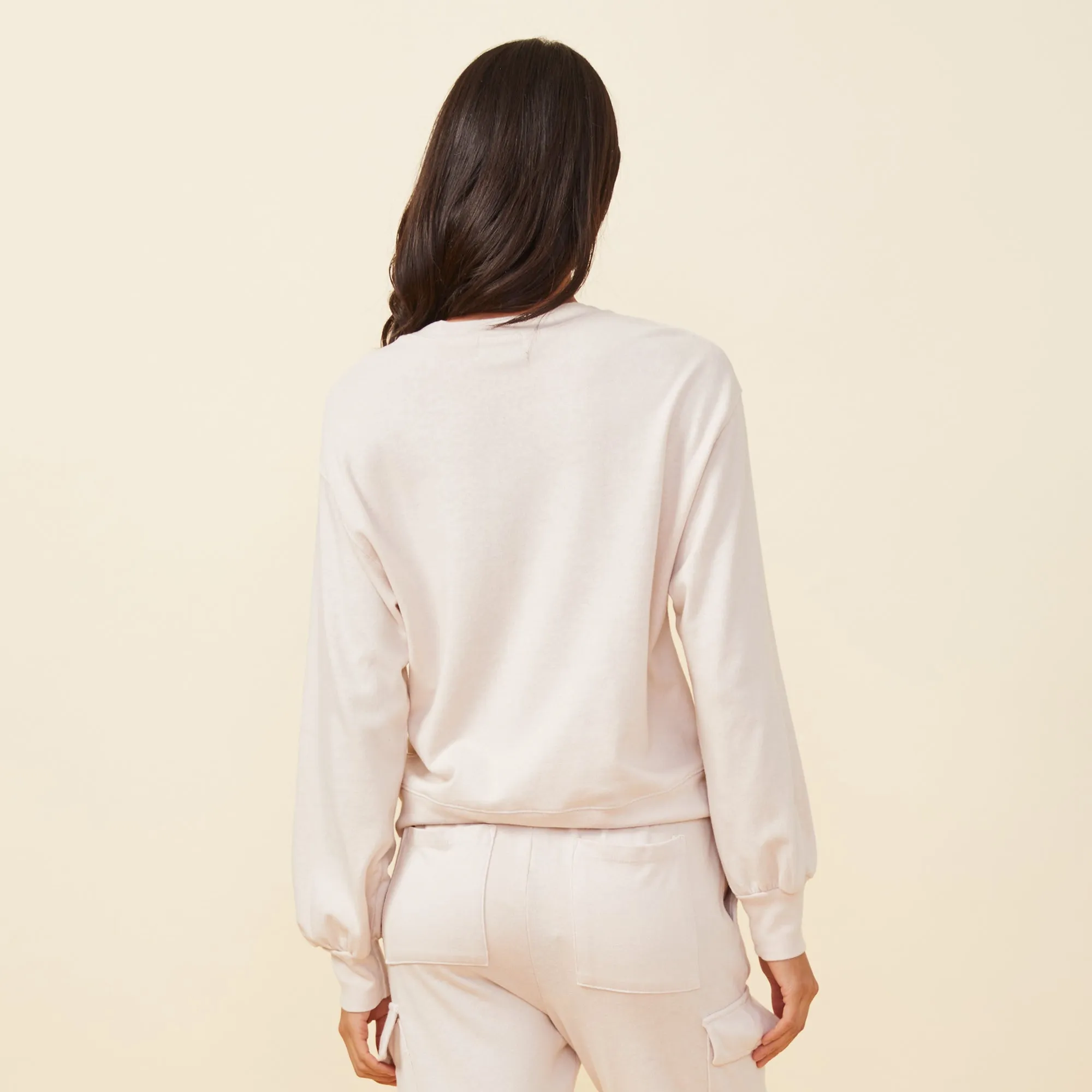 Taped Neckline SoftInteriorLining Blouson Sleeve Crew Neck Sweatshirt