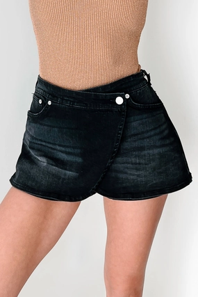 Anti Pilling Finish Chic Appeal Got This In The Bag Wrap Denim Mini Skort (Black)