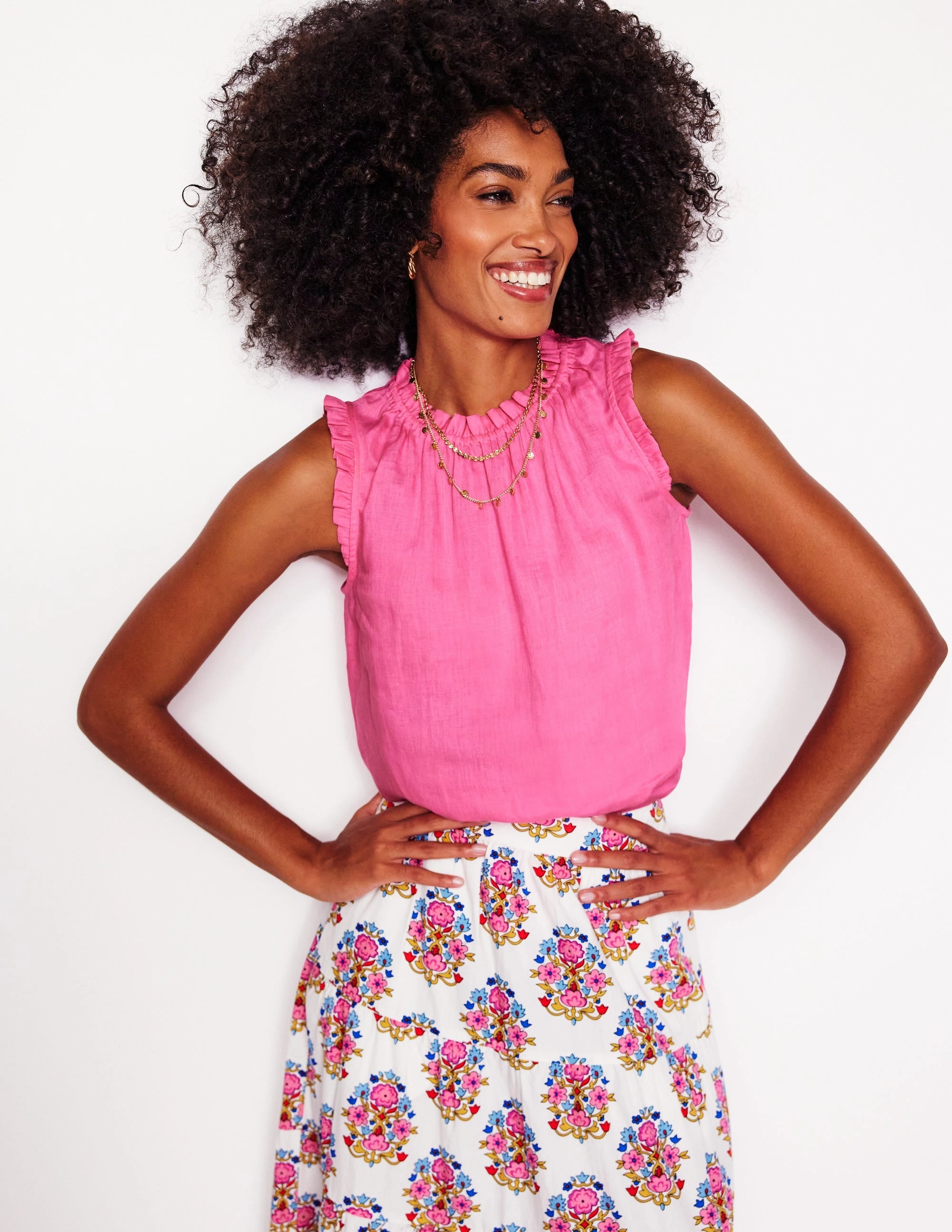 Sophie Ruffle Linen Top-Pink Rose Adaptive Fit Technology