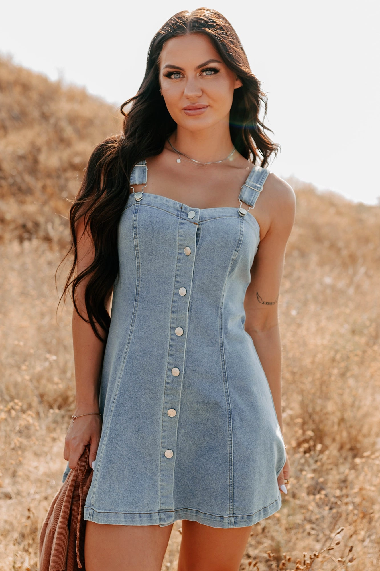 Stylish Tank Temperature Control Fabric No Turning Back Denim Overalls Strap Mini Dress (Light Denim)