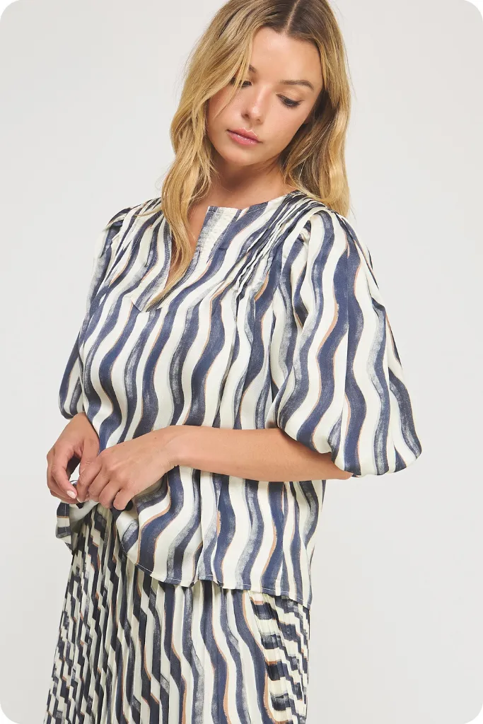Noelle Wavy Stripe Top in Navy Cream Soft Touch Fabric