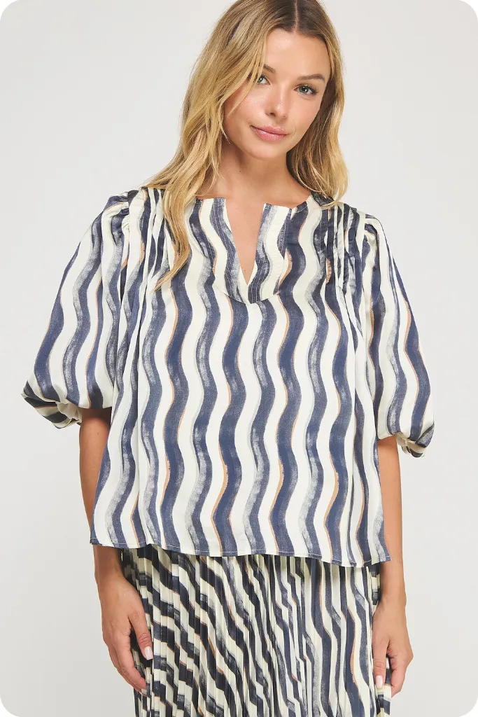 Noelle Wavy Stripe Top in Navy Cream Ultra Soft Handfeel