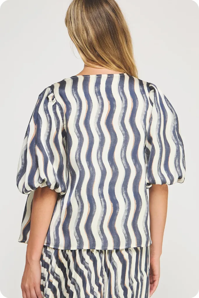 Noelle Wavy Stripe Top in Navy Cream Reflective accents Adjustable Shoulder Straps