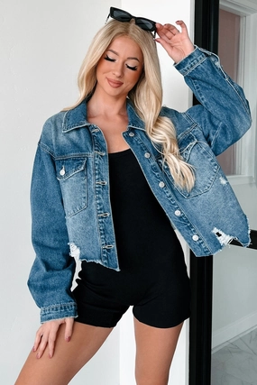 Everywhere I Go Distressed Denim Jacket (Medium Denim) Eco Conscious Dye Process Bonded Seam Technology