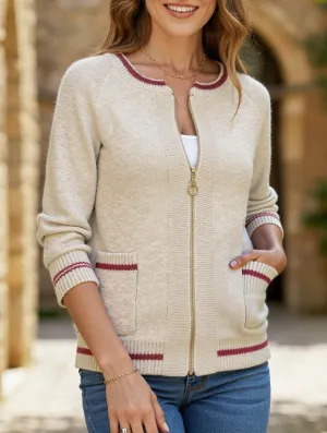Casual Trim Contrast Color Cardigan Sweater All Weather Performance Fabric UVProtectionCoating