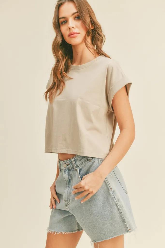 Multi Panel Construction Jade Cap Sleeve T Shirt in Stone