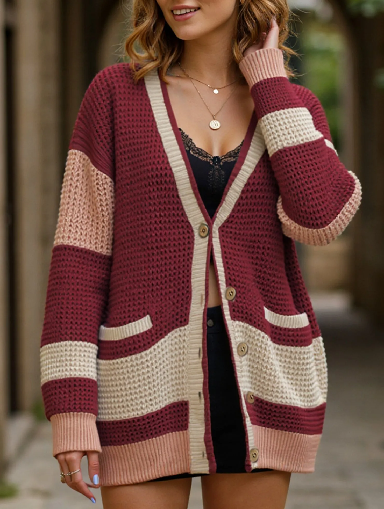 V-neck oversized colorblock cardigan sweater Organic Cotton Fiber Garment Washed Softness