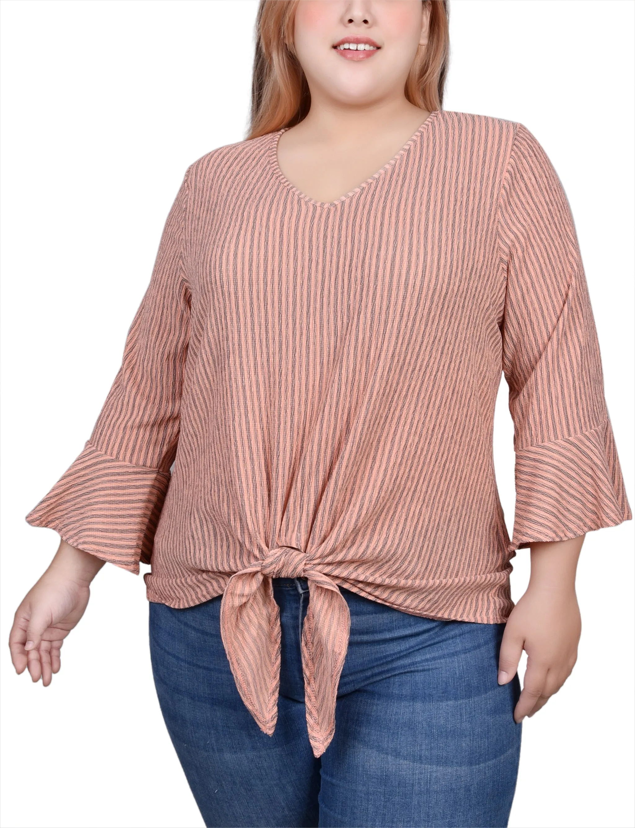 Plus Size 3/4 Bell Sleeve Textured Knit Top WrinkleFree Finish