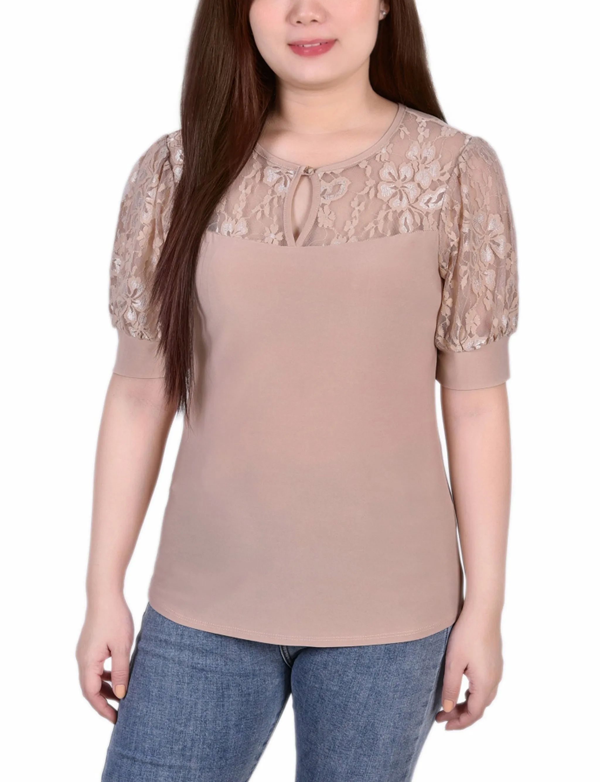 Short Sleeve Lace Yoke and Sleeve Top SeamlessSidePanels Flatlock Seam Technique