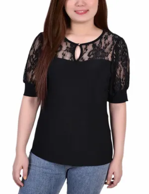 StretchableKnit Short Sleeve Lace Yoke and Sleeve Top