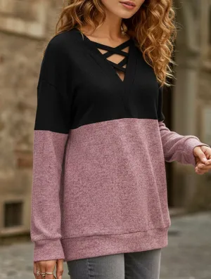DoubleLayeredShoulders CASUAL V-NECK CROSS-CONTRAST SHIRT TOP