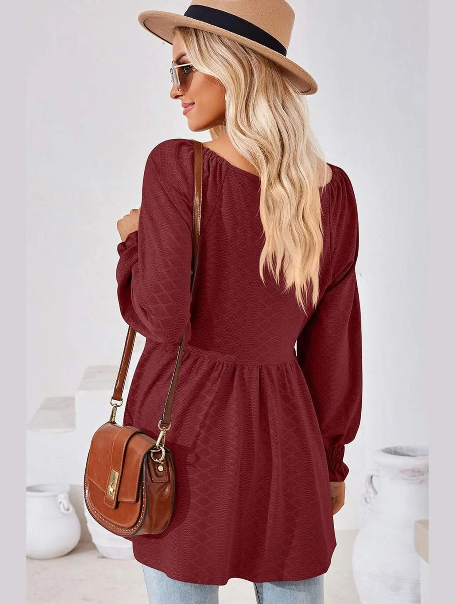 RubberizedGrip WOMEN V NECK PATTERNED RUFFLE SLEEVE TUNIC