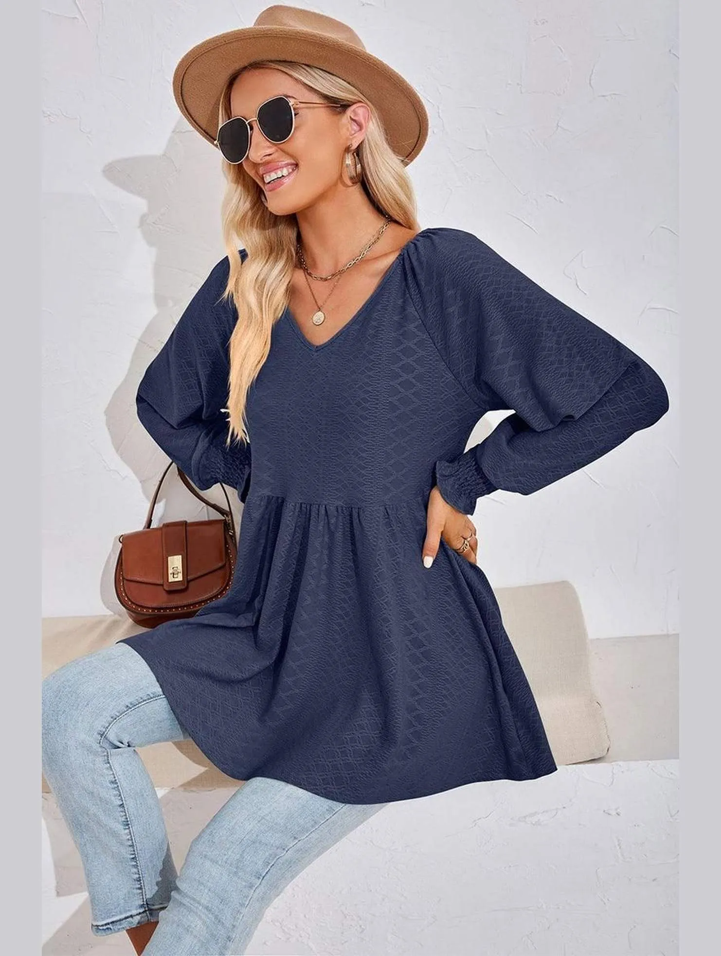 WOMEN V NECK PATTERNED RUFFLE SLEEVE TUNIC Classic Polo
