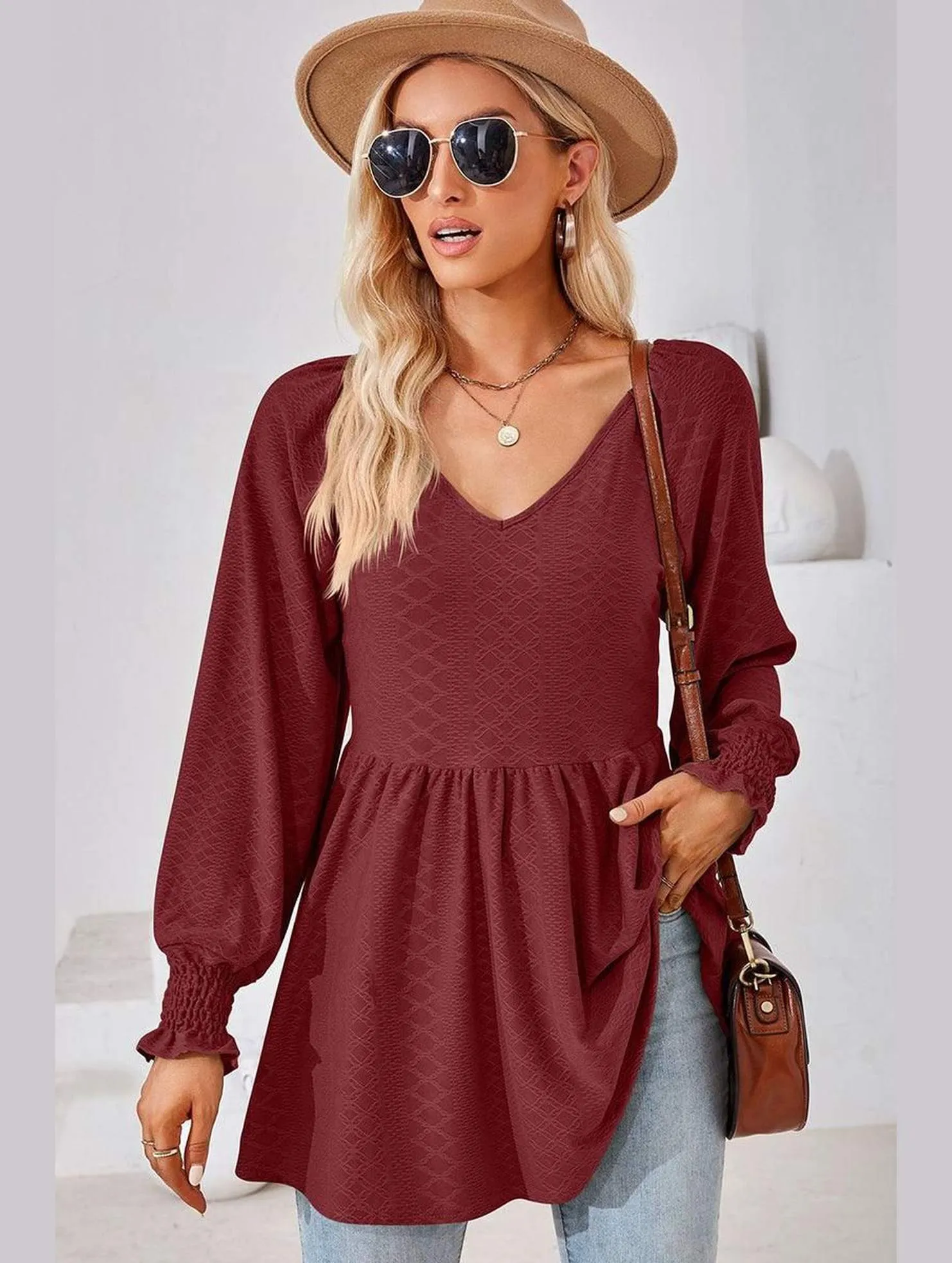 Retro Style WOMEN V NECK PATTERNED RUFFLE SLEEVE TUNIC