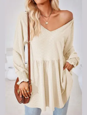 Vintage Pullover Hidden Pocket WOMEN V NECK PATTERNED RUFFLE SLEEVE TUNIC