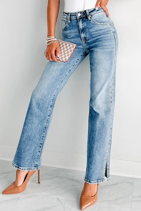 Garrison High Rise Rhinestone Detail Straight Leg Special A Jeans (Medium Dark) Urban Edge Urban Cool
