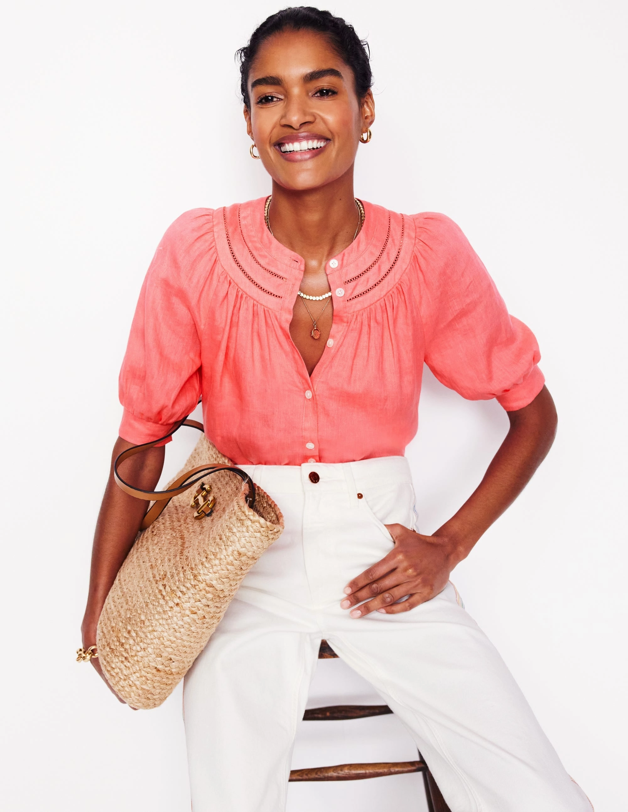 Basic Wardrobe BreathableMeshInsert Bea Linen Top-Azealia Pink
