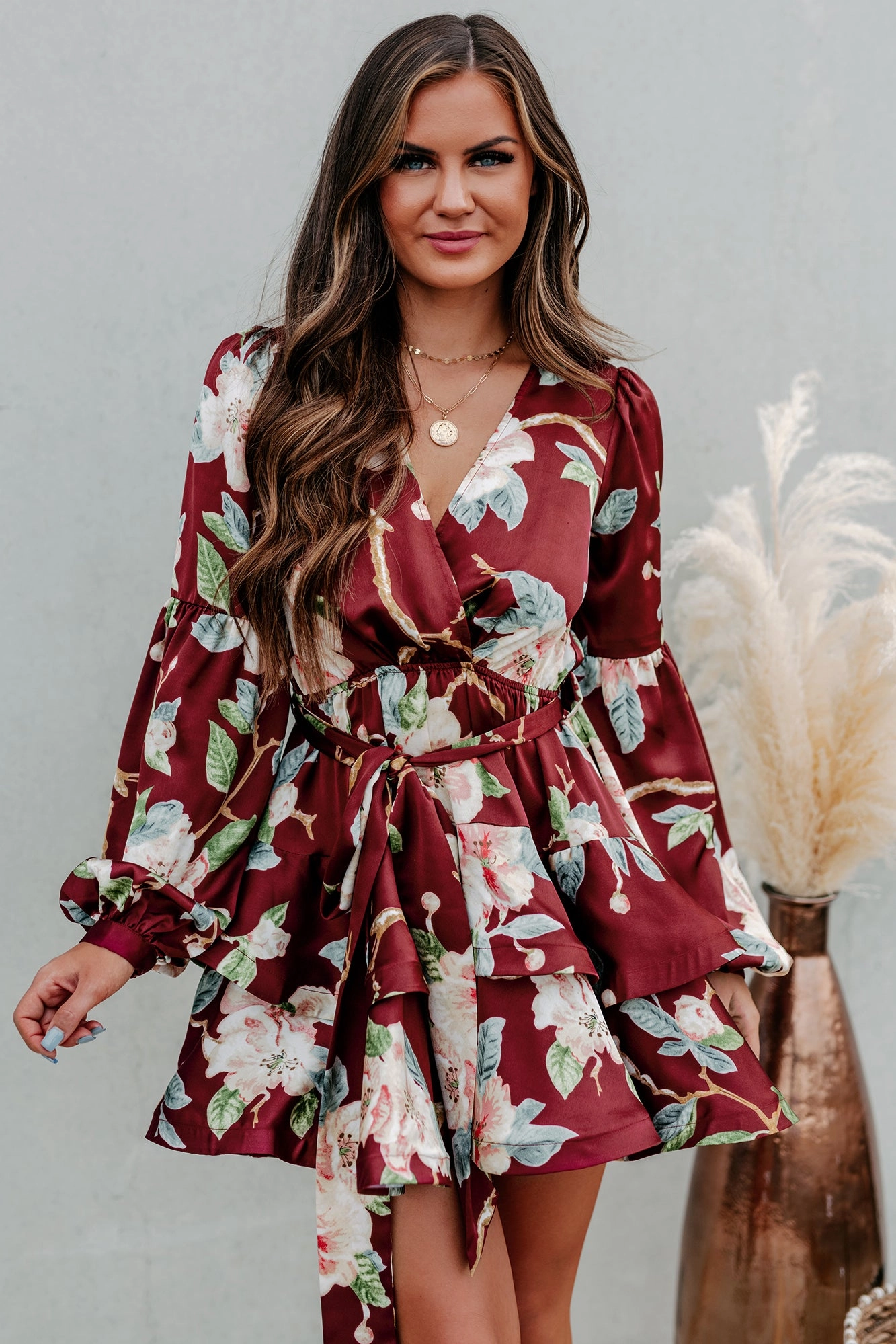 Ribbed Collar Style Yarn Dyed Stripes Decadent Desires Long Sleeve Floral Mini Dress (Wine)