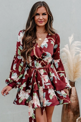 Ribbed Collar Style Yarn Dyed Stripes Decadent Desires Long Sleeve Floral Mini Dress (Wine)